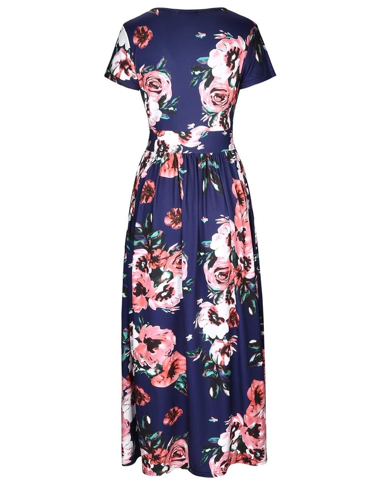 OUGES Women's V-Neck Pattern Pocket Maxi Long Dress(Floral-7,L) Red Flowers - Image 5